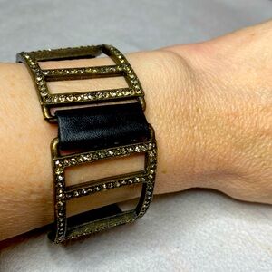 Rebel double open square bracelet with crystal lines. Antique brass finish.